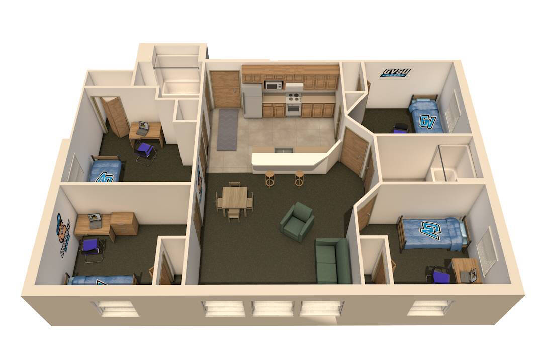 4-Bedroom / 4-Person Apartment layout with four bedrooms, two bathrooms, a kitchen, and living area.